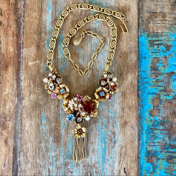 VTG Elaborate Crystal Gold-tone Floral Statement Necklace - Picture 8 of 12